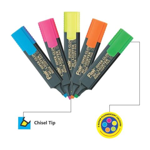 Flair Super Glow Highlighter Marker Pack of 5 Assorted Colours, 1 Set